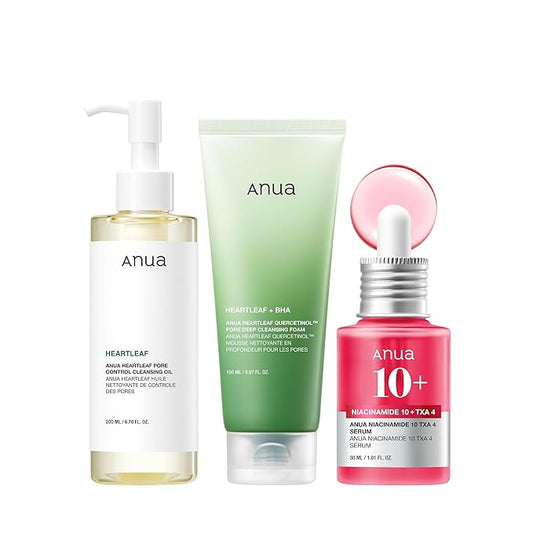 Anua 3-Step Glass Skin Beginner Set, Double Cleansing with Facial Serum, Oil Cleanser